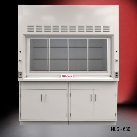 Front view of a 6 foot x 4 foot fume hood with two general storage cabinets.