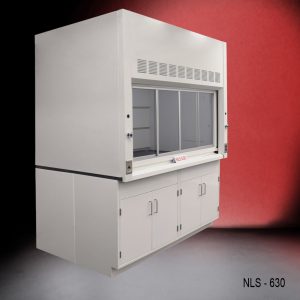 Angled view of a 6 foot x 4 foot fume hood with two general storage cabinets.