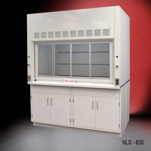 Front view of a 6 foot x 4 foot fume hood with two general storage cabinets.