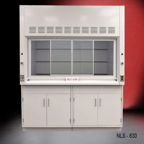 Front view of a 6 foot x 4 foot fume hood with two general storage cabinets.