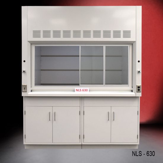 Front view of a 6 foot x 4 foot fume hood with two general storage cabinets.