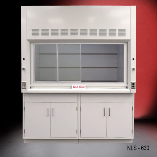 Front view of a 6 foot x 4 foot fume hood with two general storage cabinets.