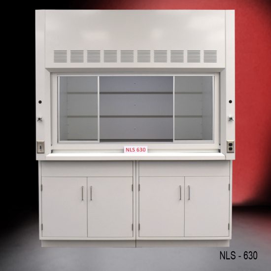 Front view of a 6 foot x 4 foot fume hood with two general storage cabinets.