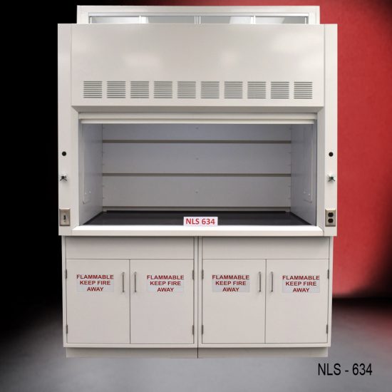 Laboratory fume hood (model #NLS 634). The fume hood features a large, clear viewing window with ventilation slots above it. The lower section has cabinets with doors labeled "FLAMMABLE KEEP FIRE AWAY," indicating storage for flammable materials. The fume hood is constructed from metal and has a clean, modern design suitable for use in laboratories where hazardous substances are handled.