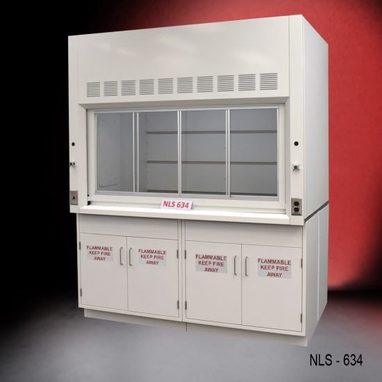 6-foot Fisher American Laboratory fume hood (model #NLS 634). The fume hoods features a large viewing window with ventilation slots above it. The lower section has cabinets with doors labeled "FLAMMABLE KEEP FIRE AWAY," indicating storage for flammable materials. The fume hood is constructed from metal and has a clean, modern design suitable for use in laboratories where hazardous substances are handled.