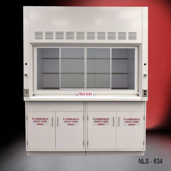 6 foot Fisher American Laboratory fume hood (model #NLS 634). The fume hoods features a large viewing window with ventilation slots above it. The lower section has cabinets with doors labeled "FLAMMABLE KEEP FIRE AWAY," indicating storage for flammable materials. The fume hood is constructed from metal and has a clean, modern design suitable for use in laboratories where hazardous substances are handled.