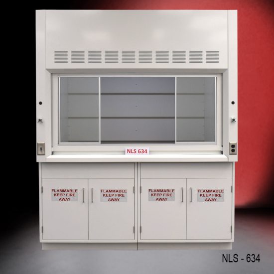 Laboratory fume hood (model #NLS 634). The fume hoods features a large viewing window with ventilation slots above it. The lower section has cabinets with doors labeled "FLAMMABLE KEEP FIRE AWAY," indicating storage for flammable materials. The fume hood is constructed from metal and has a clean, modern design suitable for use in laboratories where hazardous substances are handled.