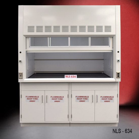 Laboratory fume hood (model #NLS 634). The fume hoods sash is partially closed and features a large, clear viewing window with ventilation slots above it. The lower section has cabinets with doors labeled "FLAMMABLE KEEP FIRE AWAY," indicating storage for flammable materials. The fume hood is constructed from metal and has a clean, modern design suitable for use in laboratories where hazardous substances are handled.