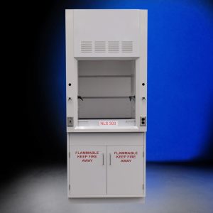 Front view of 3 Foot Fisher American Fume Hood with flammable storage cabinets