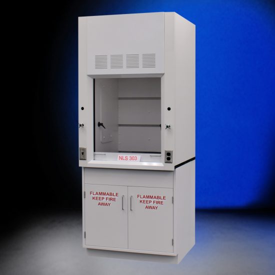 Front view of 3 Foot Fisher American Fume Hood with flammable storage cabinets