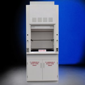 Full-length Front view of 3 Foot Fisher American Fume Hood with flammable storage cabinets