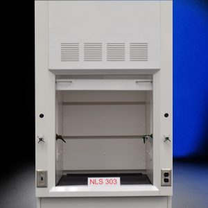 Front view of 3 Foot Fisher American Fume Hood with flammable storage cabinets. Sash is open.