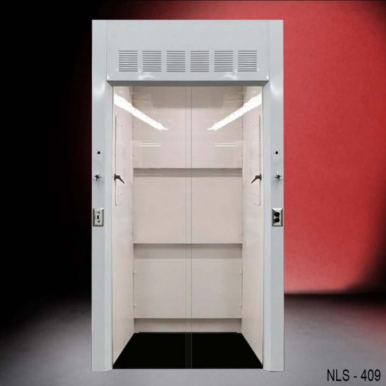 4 foot Fisher American Walk-In fume hood with two vertical sliding doors