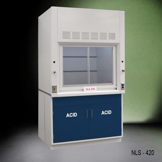 4' x 4' Fisher American Fume Hood w/ ACID Storage angled side view