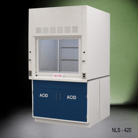 4' x 4' Fisher American Fume Hood w/ ACID Storage side view