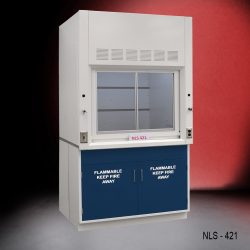 4-ft laboratory fume hood with a open sash revealing the interior workspace. The base consists of two blue cabinets labeled 'FLAMMABLE KEEP FIRE AWAY', highlighting safety precautions.
