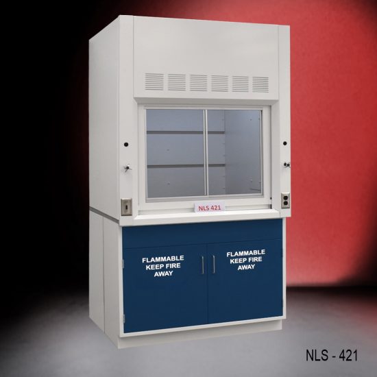 4-ft laboratory fume hood with a open sash revealing the interior workspace. The base consists of two blue cabinets labeled 'FLAMMABLE KEEP FIRE AWAY', highlighting safety precautions.