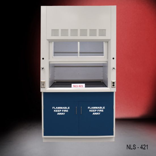 4′ x 4′ Fisher American Fume Hood w/ Blue Flammable Storage front partially closed
