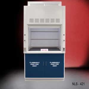 4′ x 4′ Fisher American Fume Hood w/ Blue Flammable Storage front open