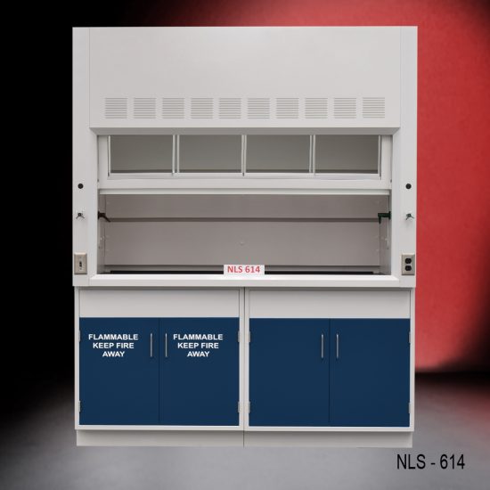 6' Fisher American Fume Hood w/ Flammable & General Storage Blue front partially open