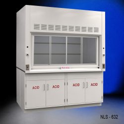 Front view of an 6 Foot by 4 Foot Fisher American Fume Hood with two acid storage cabinets