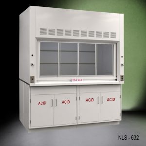 6 foot by 4 foot fume hood with two acid storage cabinets
