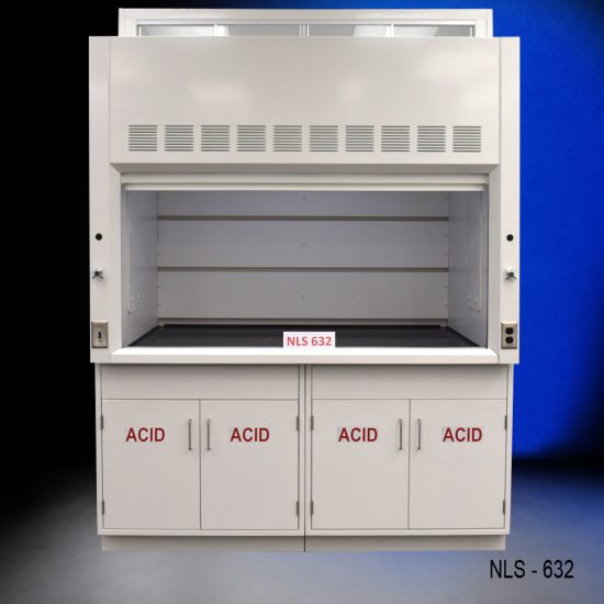 Front view of an 6 Foot by 4 Foot Fisher American Fume Hood with two acid storage cabinets. Sash is open.