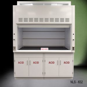 6 foot by 4 foot fume hood with two acid storage cabinets, light on/off switch, 1 gas valve, 1 cold water valve
