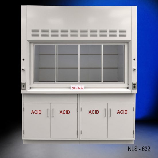 Front view of an 6 Foot by 4 Foot Fisher American Fume Hood with two acid storage cabinets