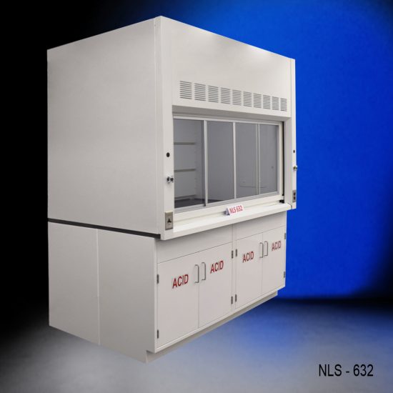 Angled view of a 6 Foot by 4 Foot Fisher American Fume Hood with two acid storage cabinets