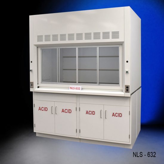 Angled view of an 6 Foot by 4 Foot Fisher American Fume Hood with two acid storage cabinets