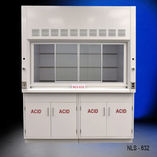 Front view of an 6 Foot by 4 Foot Fisher American Fume Hood with two acid storage cabinets