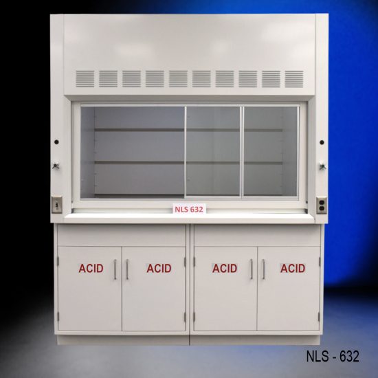 Front view of an 6 Foot by 4 Foot Fisher American Fume Hood with two acid storage cabinets