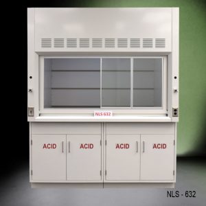 6 foot by 4 foot fume hood with 2 acid storage cabinets and 1 vertical sliding sash door with 4 horizontal sliding glass windows