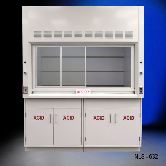 Front view of an 6 Foot by 4 Foot Fisher American Fume Hood with two acid storage cabinets