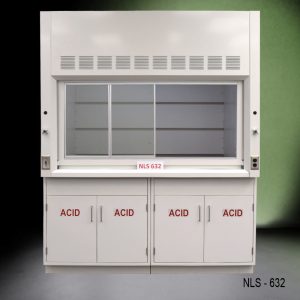 6 foot by 4 foot fume hood with two acid storage cabinets, light on/off switch, one AC power plug, one cold water valve,