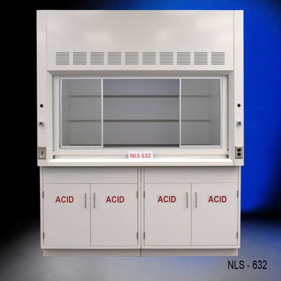 Front view of an 6 Foot by 4 Foot Fisher American Fume Hood with two acid storage cabinets