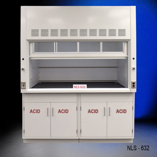Front view of an 6 Foot by 4 Foot Fisher American Fume Hood with two acid storage cabinets. Sash is partially open.