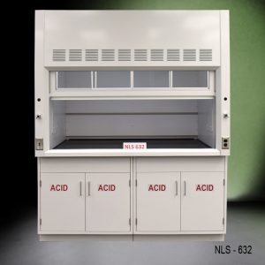 6 foot by 4 foot fume hood with two acid storage cabinets, light on/off switch, one gas valve, one cold water valve