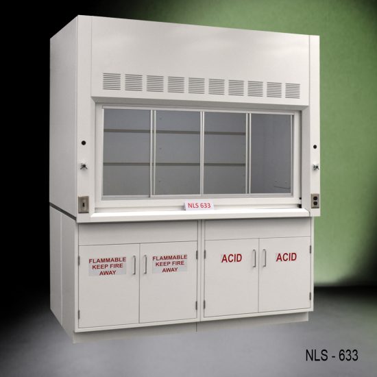 Front view of a 6 foot by 4 foot Fisher American fume hood with flammable and acid storage