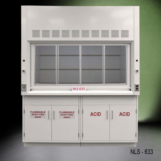 Front view of a 6 foot by 4 foot Fisher American fume hood with flammable and acid storage