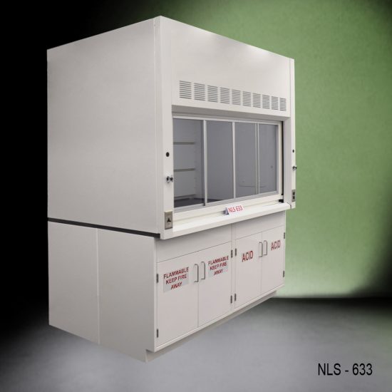 6 foot by 4 foot Fisher American fume hood with one flammable storage cabinet and one acid storage cabinet