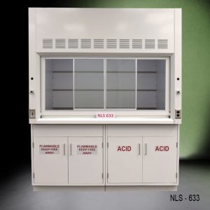 6 foot by 4 foot Fisher American fume hood with flammable and acid storage, light on/off switch, one AC power plug, one cold water valve