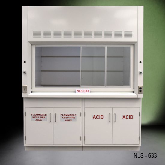 6 foot by 4 foot Fisher American fume hood with flammable and acid storage, light on/off switch, 1 AC power plug, 1 cold water valve
