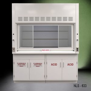 6 foot by 4 foot Fisher American fume hood with flammable and acid storage, 1 gas valve