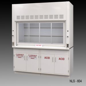 Front view of a 6 ft Fisher American fume hood with acid and flammable cabinets