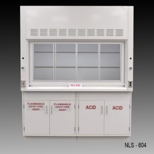 Front view of a 6 foot Fisher American fume hood with acid and flammable cabinets