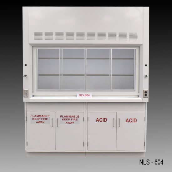 Front view of a 6 foot Fisher American fume hood with acid and flammable cabinets