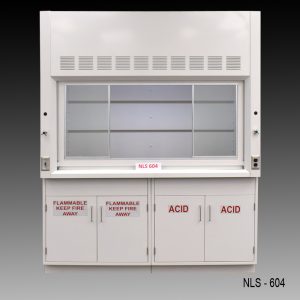 Front view of a 6 foot Fisher American fume hood with acid and flammable cabinets and one light on/off switch, one AC power plug