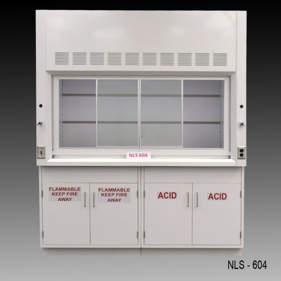 Front view of a 6 foot Fisher American fume hood with acid and flammable cabinets and 1 light on/off switch, 1 AC power plug